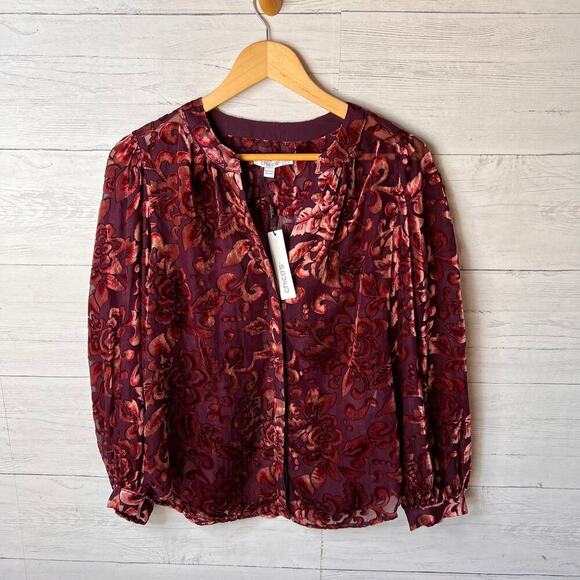 Chicos Blouse Womens Size 1 / US 8 Floral Velvet Burnout Button Down Blouson - Picture 3 of 16